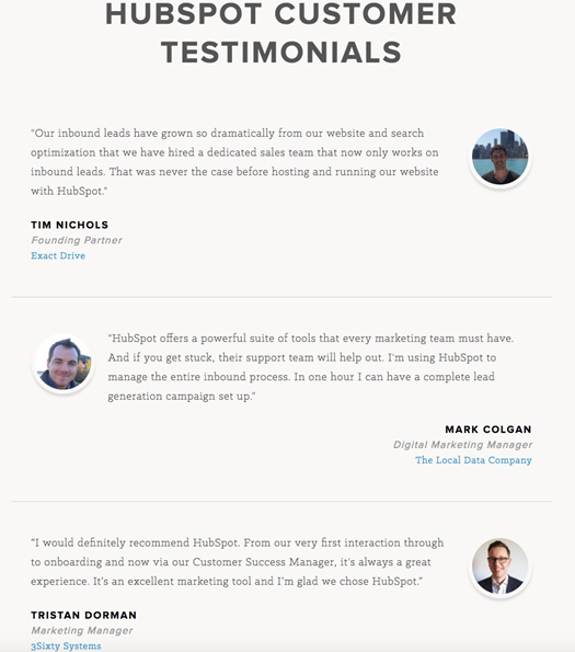 HubSpot的客戶評(píng)價(jià)頁面突出顯示了客戶積極正面的評(píng)價(jià)，給新的潛在客戶灌輸對(duì)HubSpot的信任。